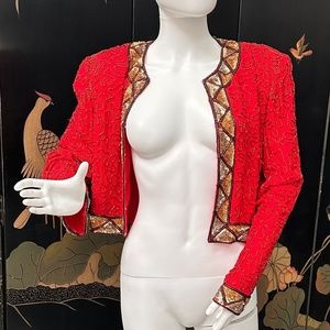 Vtg AJ Bari Silk Evening Jacket 4 • Red/Gold/Silver Beaded Sequined Cropped